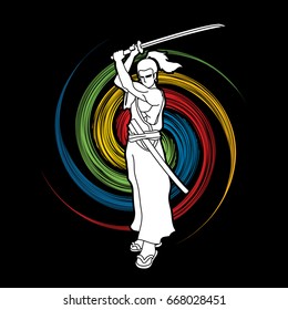 Samurai standing with sword katana, Ready to fight designed on spin wheel background graphic vector