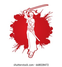 Samurai standing with sword katana, Ready to fight designed on splash blood background graphic vector