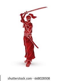 Samurai standing with sword katana, Ready to fight designed using grunge brush graphic vector