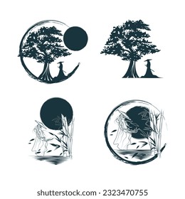 Samurai de pie con una espada bajo un árbol al atardecer. Cuatro ilustraciones vectoriales japonesas aisladas en blanco pueden ser usadas para camisas, tatuajes, folletos, afiches y bolsas.