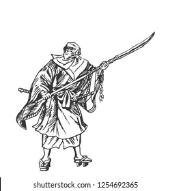 A samurai stands with a weapon. Hand drawn graphic sketch