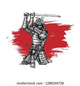 Samurai In Steady Position To Cut The Enemy, Isolated Vector, Hand Drawn