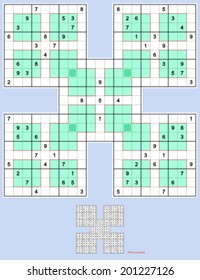 Samurai Sudoku. Five overlapping windoku puzzles. Full symmetry. Very hard, 77 clues.