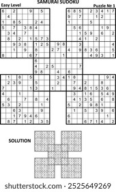 Samurai sudoku jogo de quebra-cabeça nº 1. Nível fácil. Resposta ou solução incluída.
