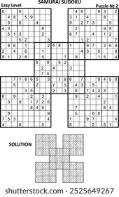 Samurai sudoku jogo de quebra-cabeça nº 2. Nível fácil. Resposta ou solução incluída.
