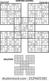 Samurai sudoku jogo de quebra-cabeça nº 3. Nível fácil. Resposta ou solução incluída.
