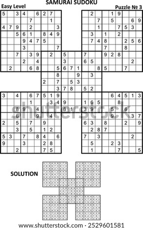 Samurai sudoku puzzle game № 3. Easy level. Answer, or solution, included.
