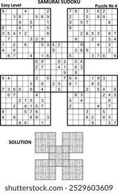 Samurai sudoku jogo de quebra-cabeça nº 4. Nível fácil. Resposta ou solução incluída.
