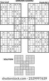 Samurai sudoku jogo de quebra-cabeça nº 5. Nível fácil. Resposta ou solução incluída.
