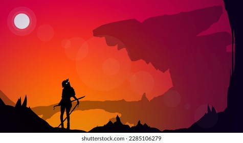 samurai at sunset. Japanese samurai warrior with a sword. japanese theme wallpaper at sunset. sunset. orange sky. fantasy sunset walpaper. Samurai with oni mask.