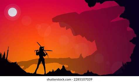 samurai at sunset. Japanese samurai warrior with a sword. Samurai with oni mask. japanese theme wallpaper at sunset. sunset. orange sky. fantasy sunset walpaper.