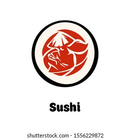 samurai in sushi roll concept. creative logo in red round. modern drawn logo, print illustration vector