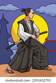 Samurai Sword Colored Cartoon Illustration