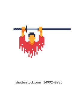 Samurai with a sword, fighter pixel art character. Design Design for logo, stickers, mobile app. Isolated vector illustration. 8-bit sprite. 