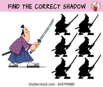 A samurai with a sword. Find the correct shadow. Educational game for children. Cartoon vector illustration