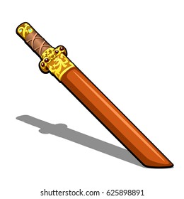 Samurai sword with gold handle isolated on white background. Vector cartoon close-up illustration.