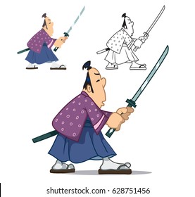 A samurai with a sword. Isolated cartoon character. Colored with the contour, colored and outline vector illustration