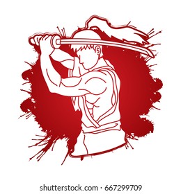 Samurai with sword katana, Sword man ready to fight designed on splatter blood background graphic vector