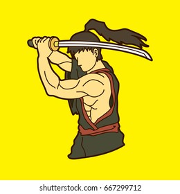 Samurai with sword katana, Sword man ready to fight graphic vector