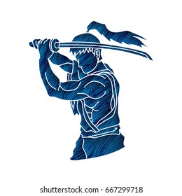 Samurai with sword katana, Sword man ready to fight designed using grunge brush graphic vector