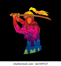 Samurai with sword katana, Sword man ready to fight designed using abstract melting colors graphic vector