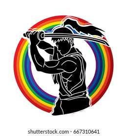 Samurai with sword katana, Sword man ready to fight designed on rainbows background graphic vector