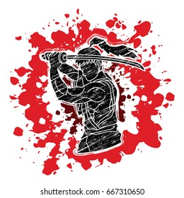 Samurai with sword katana, Sword man ready to fight designed on splash blood background graphic vector