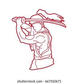 Samurai with sword katana, Sword man ready to fight outline graphic vector