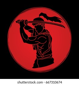 Samurai with sword katana, Sword man ready to fight designed on sunlight background graphic vector