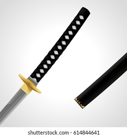 Samurai sword pulled out of a scabbard, white background