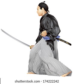 Samurai with the sword realistic vector illustration