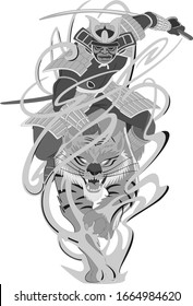 samurai with a sword riding a tiger