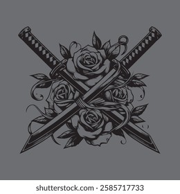 samurai sword and roses illustration vector