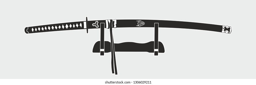 Samurai sword in scabbard on stand on white background