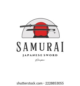 Samurai Schwert Vintage Logo Vektorgrafik minimalistisches Design, Samurai japanisches Schwert mit Logo-Design im Rack