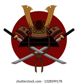 Samurai swords and helmet. Color vector image on a red circle background.