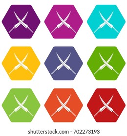 Samurai swords icon set many color hexahedron isolated on white vector illustration