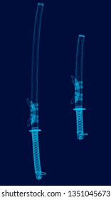 Samurai swords. Wireframe of the samurai swords of blue lines on a dark background. Vector illustration