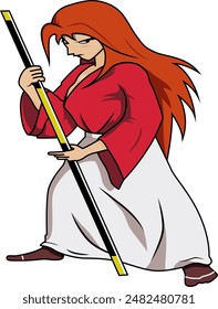 samurai, swordsman, sword, kimono, red hair, kimono, orange.