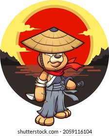 Samurai Teddy bear character with sunset on the background. Vector clip art illustration with simple gradients. Bear and background on separate layers.
