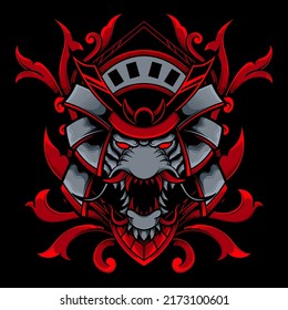 Samurai Tiger head illustration with ornament frame