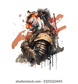 Samurai Tiger Traditional Japanese | Transparent 300dpi digital tshirt POD, EPS, vector, clipart, book cover, wallart, ready to print, Print-on-Demand, colorful, no background, beauty