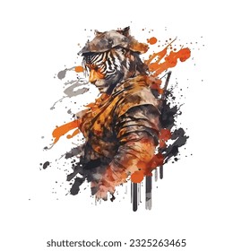 Samurai Tiger Traditional Japanese | Transparent 300dpi digital tshirt POD, EPS, vector, clipart, book cover, wallart, ready to print, Print-on-Demand, colorful, no background, beauty