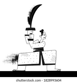 Samurai in traditional clothes with the sword. Cartoon cute character of Japanese warrior with a blade. Concept black and white icon. Stock vector illustration, design for poster and coloring book.