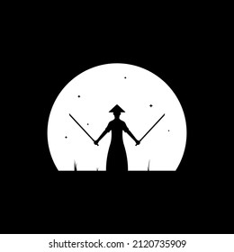 samurai training night with moon logo design, vector graphic symbol icon illustration