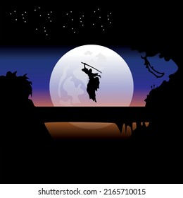 Samurai training at night on a full moon