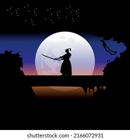 Samurai training at night on a full moon