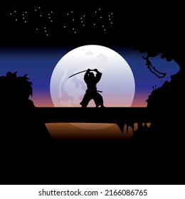 Samurai training at night on a full moon