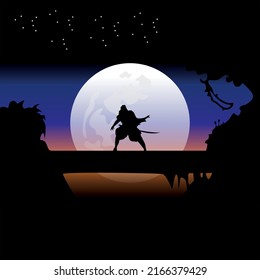 Samurai training at night on a full moon
