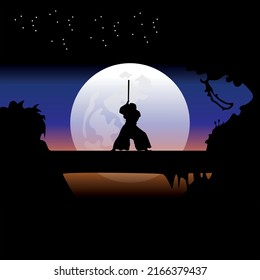 Samurai training at night on a full moon